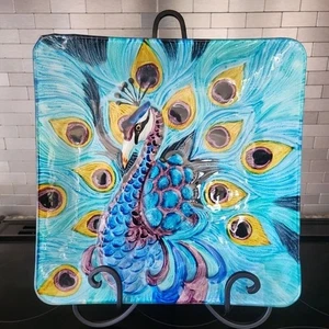 Pier 1 One Peacock 12” Square Serving Platter Glass Art Display w/ Stand Gift - Picture 1 of 11