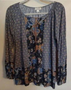 Damen Tunika Boho Oversize Blau und Gold Blumen Top - Bild 1 von 4
