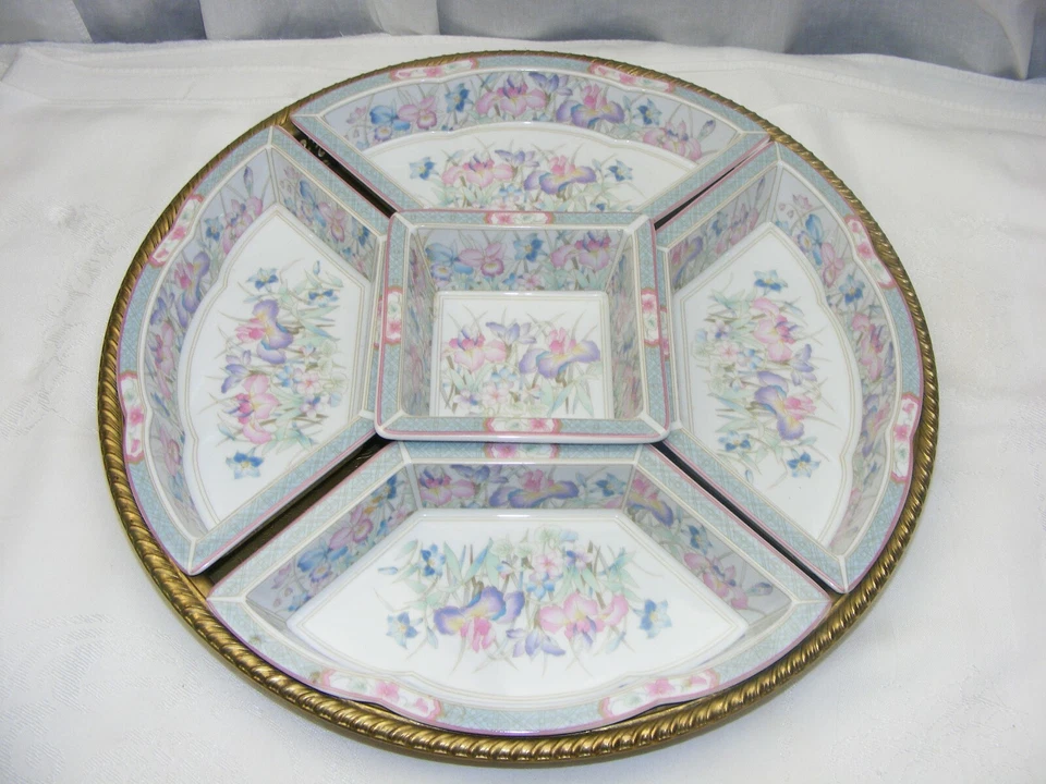 Vintage International Brass 15" Orderve Tray w 5 Porcelain Insert Bowls Japan - Image 1 of 4