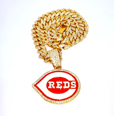 CINCINNATI REDS GEM NECKLACE Gold Bling MLB Baseball Hip Hop Pendant & 20" Chain - Image 1 of 4