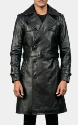 Manteau En Cuir Noir Pour Hommes, Manteau Long En Cuir Fait Main, Cuir Noir - Photo 1/3