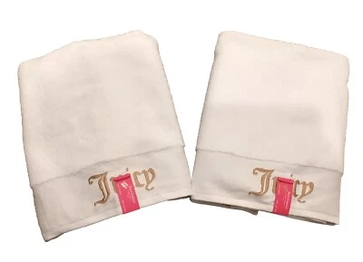 Set 2 Juicy Couture Bath Towels White 28x54 Luxury Decor Logo Embroidered Gold. - Image 1 of 4