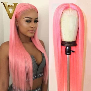 Light Pink Long Straight Lace Front Human Hair Wigs Transparent HD Pre Plucked - Picture 1 of 9