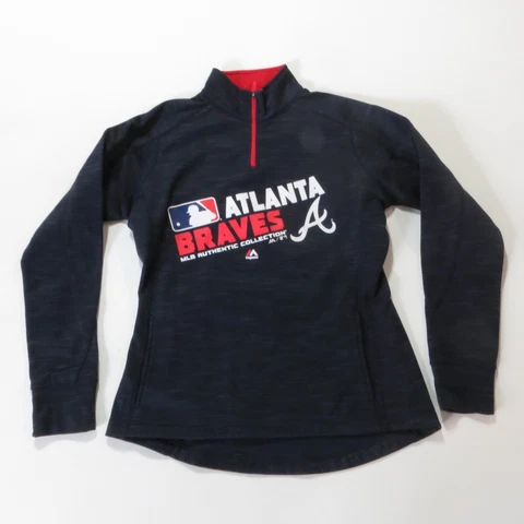 Atlanta Braves Sweater Womens Size Medium Blue Long Sleeve 1/4 Zip Pullover Flee Cover