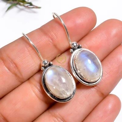 Rainbow Moonstone Gemstone Handmade 925 Sterling Silver Jewelry Earring - 1.50" - Image 1 of 3