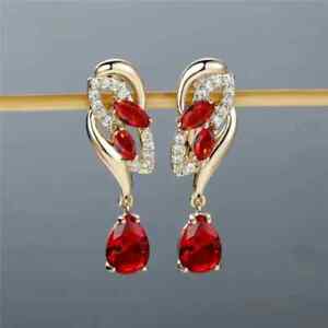 2.10Ct Pear Cut Lab-Created Red Ruby Drop/Dangle Earrings 14K Yellow Gold Plated