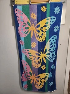Strandtuch Schmetterlinge gegen bunte Streifen 64" x 27" Vintage - Bild 1 von 12