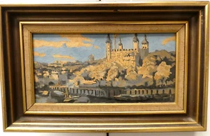 VINTAGE FRAMED LANDSCAPE GUACHE PAINTING EUROPEAN CASTLE - Picture 1 of 6