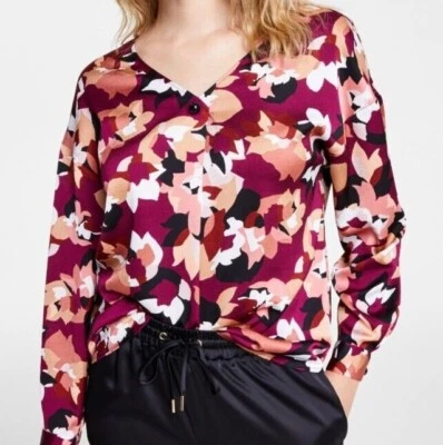 Blusa Tejida Texturizada Bar III Estampado Floral Abstracto Málaga Roja Talla Pequeña Foto 1 de 4