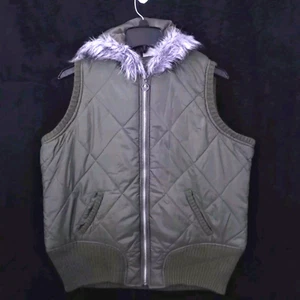One Step Up Hooded Vest Puffer XL Green With Fur Trim #1087 - Picture 1 of 8