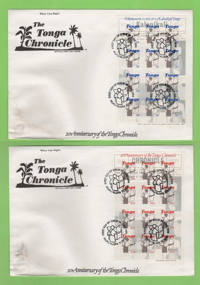 Tonga 1984 20th Anniversary of the Tonga Chronicle set on two First Day Covers - Image 1 of 1