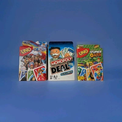 UNO Stumble Guys + UNO One Piece + Monopoly Deal Card Game Bundle – Family Fun - Image 1 of 4
