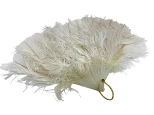 antique White Ostrich Feather Hand Folding Fan - Picture 1 of 8