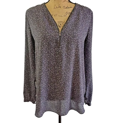 Etcetera Black & White Dots Georgette Long Sleeve Zipped V-Neck Blouse Sz M/L - Image 1 of 4