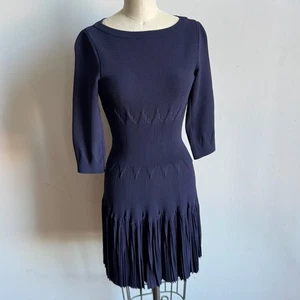 ALAÏA Navy Fitted Mini Dress with Zig-zag Waist and Pleated Skirt - Size 4 - Picture 1 of 13