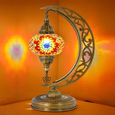 Fire Design Crescent Moon Mosaic Lamp – 47cm Handmade Moon Light with LED Bulb - Image 1 of 4