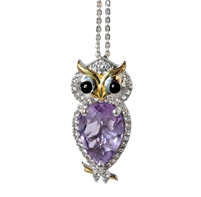 Rose De France Amethyst Owl Pendant and Chain YG & Platinum Over Sterling Silver - Image 1 of 4