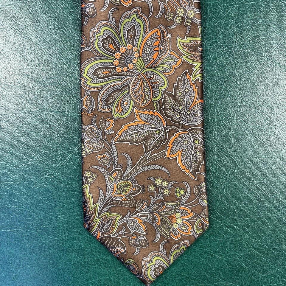 Brioni шелковый галстук коричневый цветочный 70-х стиль ручной работы в Италии новый без ЯРЛЫКОВ - Изображение 1 из 4