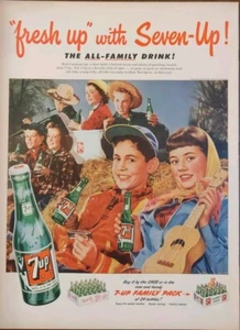 1952 7up Print Ad, Staw Bale Ride With Banjo Young Boy & Girl  - Picture 1 of 1