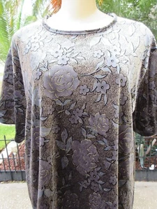 Compliments Top 1X NEW Black Gray Floral Burnout Stretch Blouse Gold Accents - Picture 1 of 7