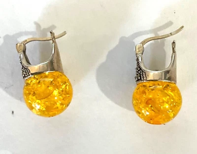 Vintage Decorative Sterling Silver Amber & Marcasite Earrings - Image 1 of 2