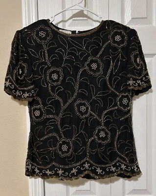 Blusa Stenay vintage con cuentas manga corta negra dorada seda mediana, hombreras Foto 1 de 4