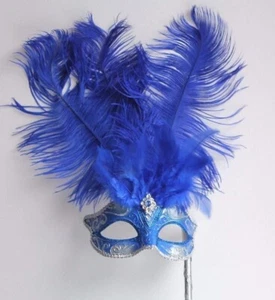 BLUE SILVER VENETIAN MASQUERADE BALL CARNIVAL PARTY FEATHER MASK HAND HELD STICK - Picture 1 of 6