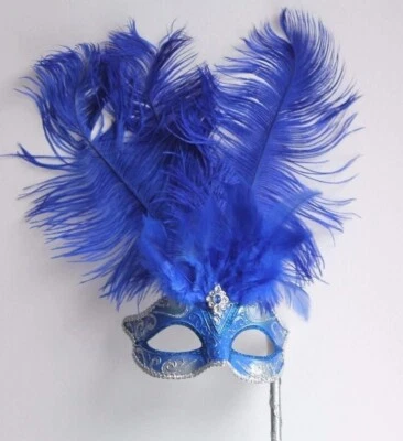 BLUE SILVER VENETIAN MASQUERADE BALL CARNIVAL PARTY FEATHER MASK HAND HELD STICK - Image 1 of 4