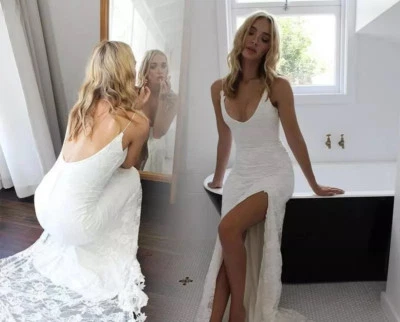 Hot Sexy Sheath Split Lace Beach Wedding Dresses Open Back Bridal Dancing Gowns - Image 1 of 4