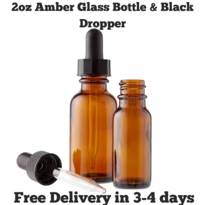 Botella de vidrio ámbar de 2 oz con gotero negro para perfume aceite capilar líquido a prueba de fugas Foto 1 de 4