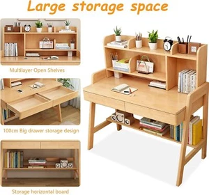 Solid Rubber Wood Kids Desk with Bookshelf&Drawer,Height Adjustable Study Table - Picture 1 of 6