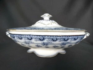 Bourne & Leigh Bursem England Erie Flow Blue w/ Gold  Oval Handled Covered Dish  - Picture 1 of 11