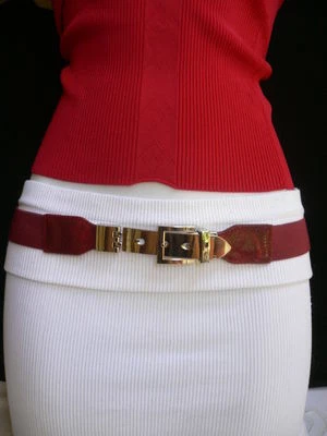 SEXY MUJER ELÁSTICO CADERA CINTURA ALTA ESTRECHO ELEGANTE CINTURÓN ROJO LARGO PLATA HEBILLA S M Foto 1 de 4