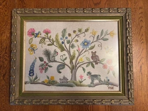 Albero e animali in vetro con cornice firmato vintage 1970 ricamato crewel art 20x16x2 - Foto 1 di 11
