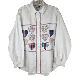 VTG Patchwork Heart Shirt Button Front Whimsical Folk Art 80s 90s Cottagecore L - Picture 1 of 17