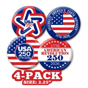 USA 250 4-pack Buttons - America Revolution Classic Flag 1776-2026 250th - Picture 1 of 4