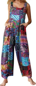 Himosyber Damen Patchwork Doppeltaschen Overall locker Blumenmuster Bohemian - Bild 1 von 7