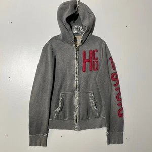 Vintage Y2K Hollister Full Zip Distressed Gray RARE Sweatshirt Men’s Size Medium - Picture 1 of 8