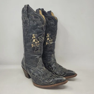 Corral Boots 7.5M Black Lizard Leather Embroidered Western Cowboy Snip Toe C2108 - Image 1 of 4