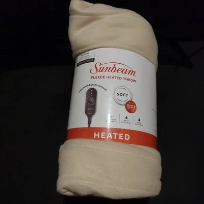 Sunbeam Off White/Cream Fleece Soft Heated Throw. Size 50 In. X 60 In. New! - Image 1 of 4