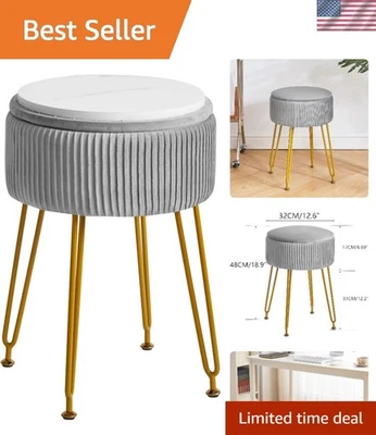 Lujoso taburete otomano de almacenamiento de terciopelo gris con patas de acero dorado para elegancia Foto 1 de 4