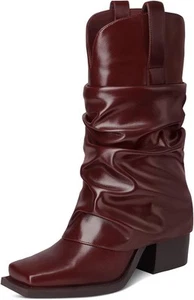 Cowboy Boots for Women Cowgirl Mid Calf Square Toe Fold Over Chunky...  - Picture 1 of 56