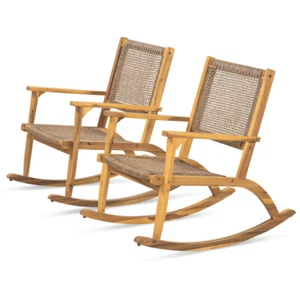 2 Pieces Patio Rocking Chair Set, Acacia Wood Outdoor Rockers - Picture 1 of 8