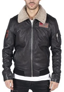 Mens Real Leather Pilot Bomber Jacket Air Force Aviator Falcon Badge Fur Collar - Picture 1 of 6