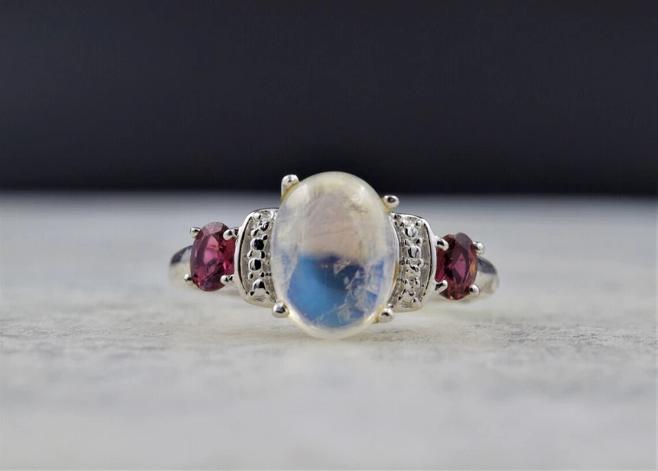 Fire Moonstone & Ruby Gemstone Cluster Ring 925 Sterling Silver Engagement Ring - Image 1 of 4