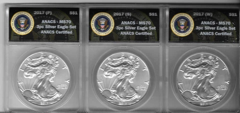 2017 PSW American Silver Eagle MS70 Presidential Seal ANACS Certified 3 coin set Cover