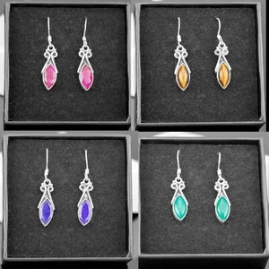 Sterling Silver 925 Ladies Marquise Gemstone Ruby Tigers Eye Onyx Drop Earrings - Picture 1 of 14