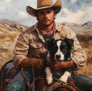 Western Kunst Cowboy Hunde Bild Leinwand Wohndeko Wandbild Poster Druck Gemälde - Bild 1 von 6