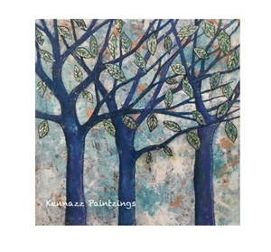 Original Painting By Kenna Blue Trees Mixed Media Sold Unframed Art - Bild 1 von 3