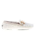 TOD'S women shoes White shearling gommino loafer gold tone metal chain buckle